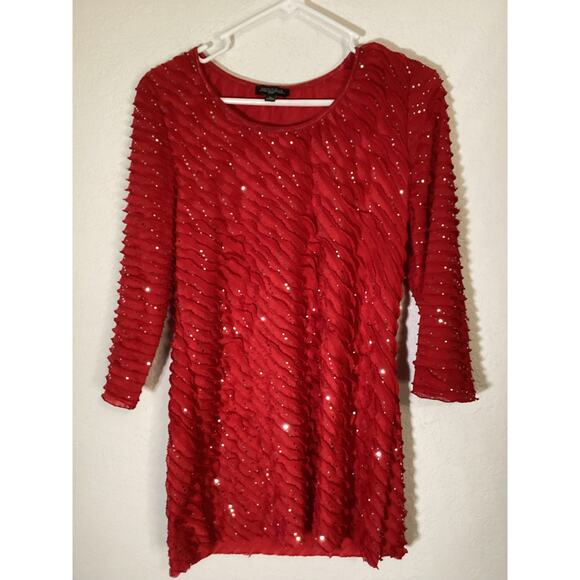 Notations Blouse Women's Size PL Red Pleated Ruffed Fabric with Sequins - Picture 1 of 4